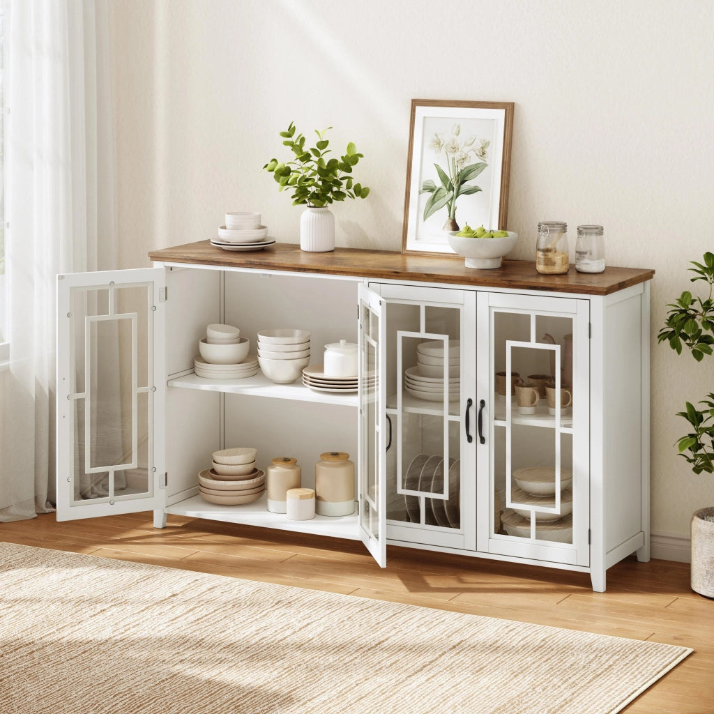 Credenza da cucina 160 cm con ante in vetro, ripiani interni, piano effetto legno e sistema antiribaltamento
