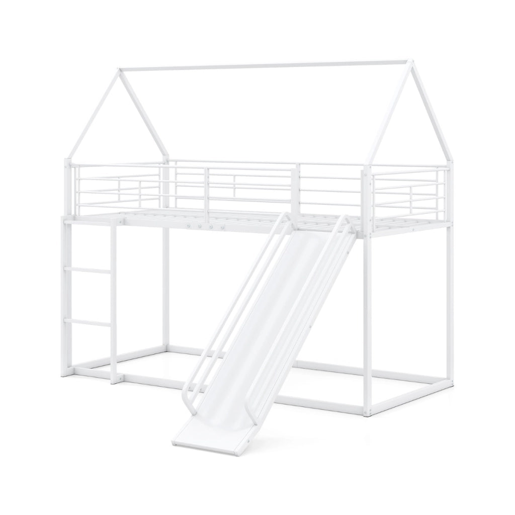 Loft con sponda di sicurezza e tetto di casa con scivolo e scala convertibili, Letto a castello basso doppio letto singolo Bianco-Lettini per bimbi