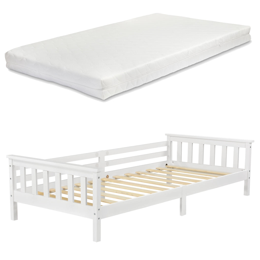 Letto per Bambino/Ragazzo con Materasso Ipoallergenico a Schiuma Fredda 90x200 cm Letto di Design Moderno in Legno di Pino con Testiera e Pediera - Bianco