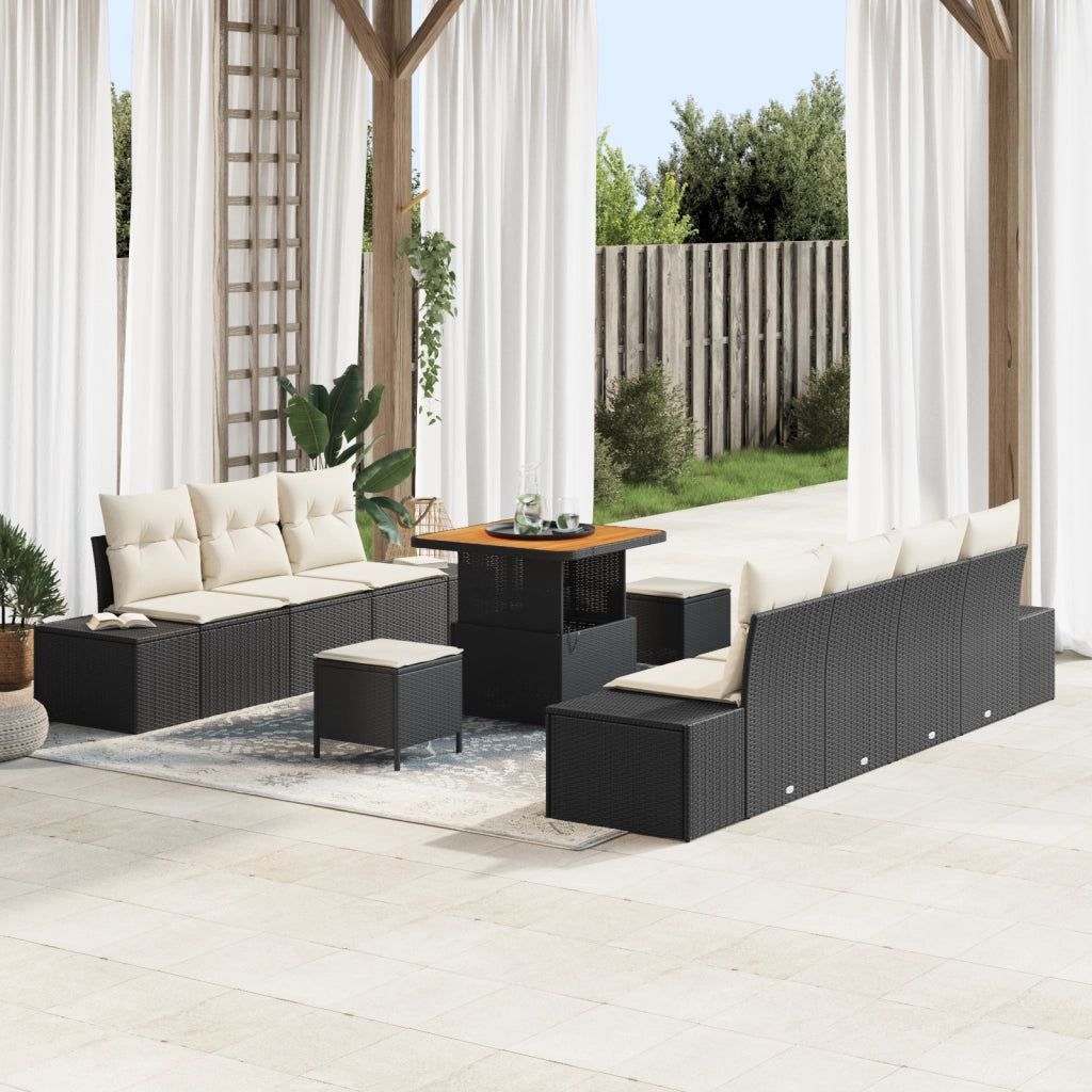 Set Divano da Giardino 10 Pezzi con Cuscini Nero Rattan Sintetico Acacia