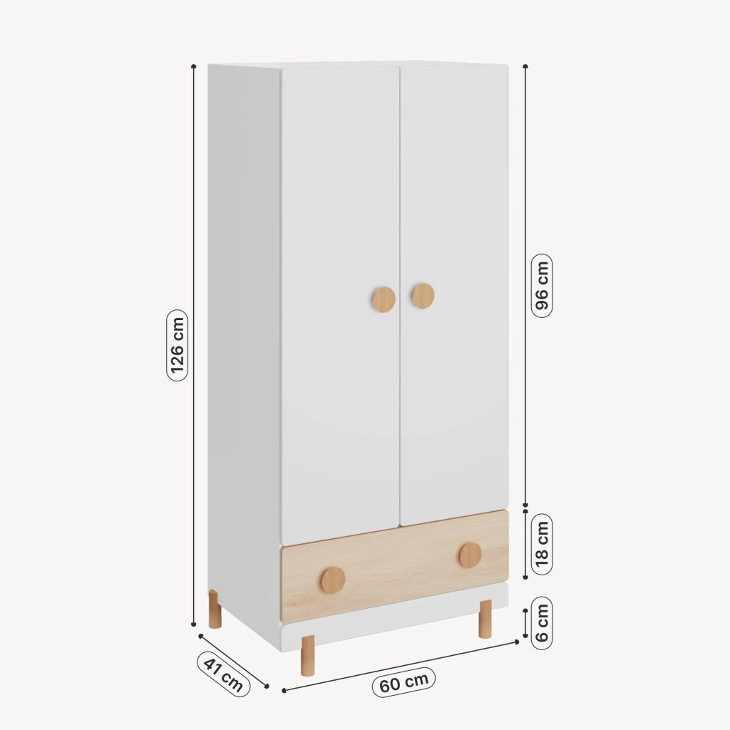 Armadio per Cameretta Vaarentaa a 2 Ante con Cassetto 126x60x41 cm - Bianco/Effetto Rovere [en.casa]