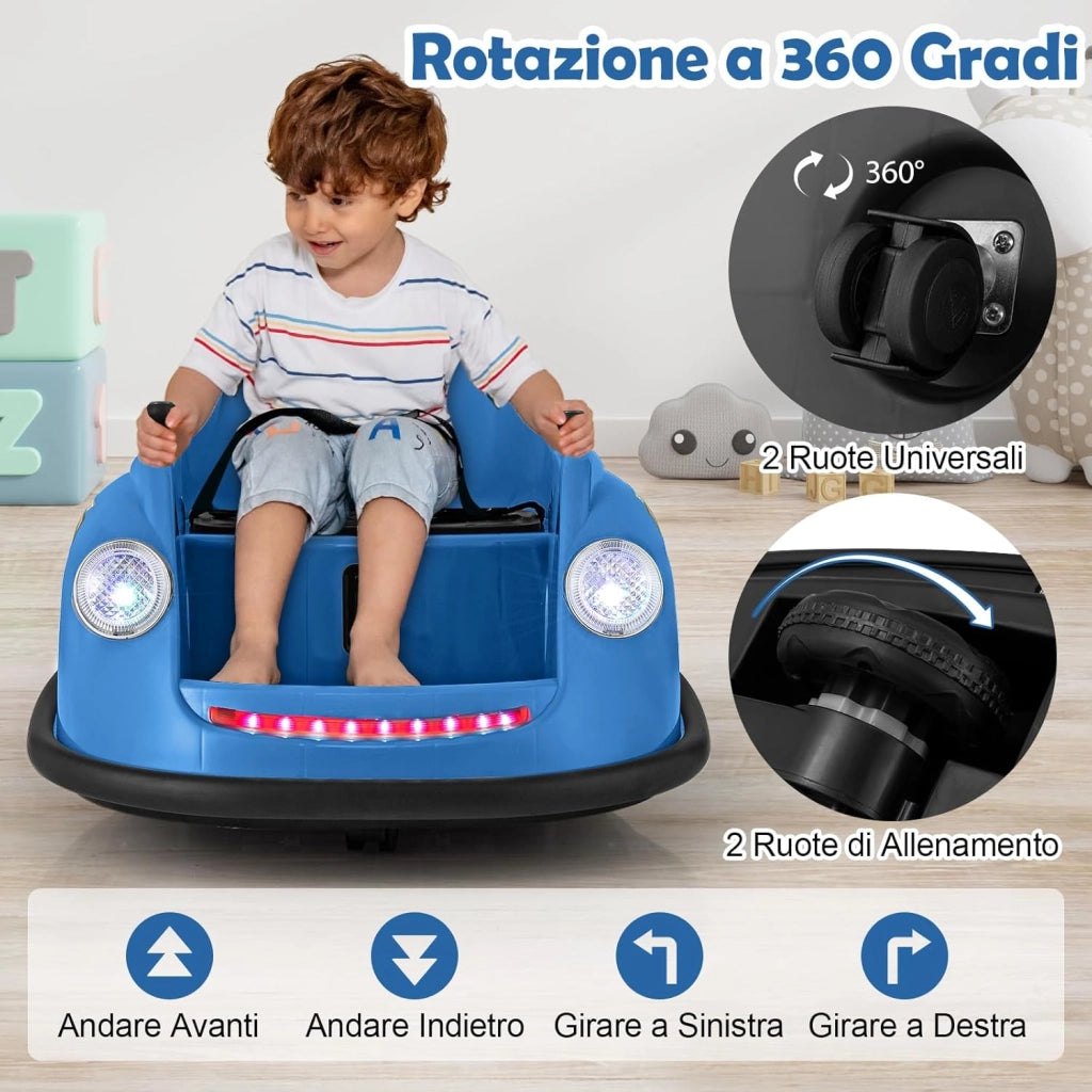 12V Auto Elettrica per Bambini con Telecomando, Autoscontro Elettrico con Luci LED Musica e Rotazione a 360°, Macchina Cavalcabile per Bambini 2-5 Anni (Blu)