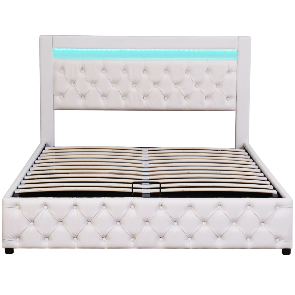 Letto matrimoniale imbottito 140x200 cm con rete a doghe; contenitore e LED; bianco in PU