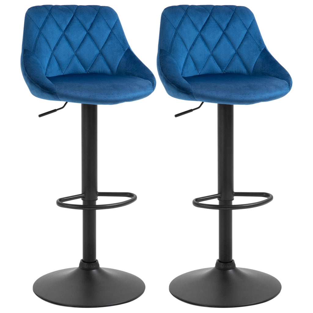 Set 2 Sgabelli da Cucina di Design con Schienale e Poggiapiedi, Seduta in Velluto e Base in Metallo, 46x48x83-104cm, Blu