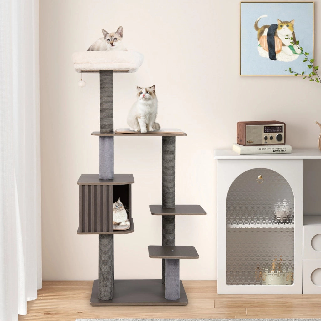 Mobile per arrampicata per gattini in legno con palla pompom appesa-Albero per gatti a 6 livelli da interno per gatti alta 151 cm Grigio