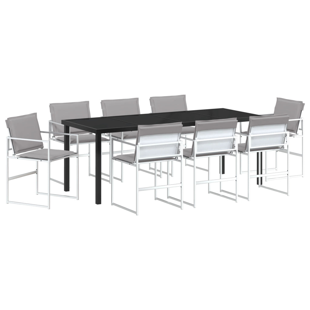 Set da Pranzo da Giardino 9 Pezzi con Cuscini Bianchi in Textilene e Acciaio