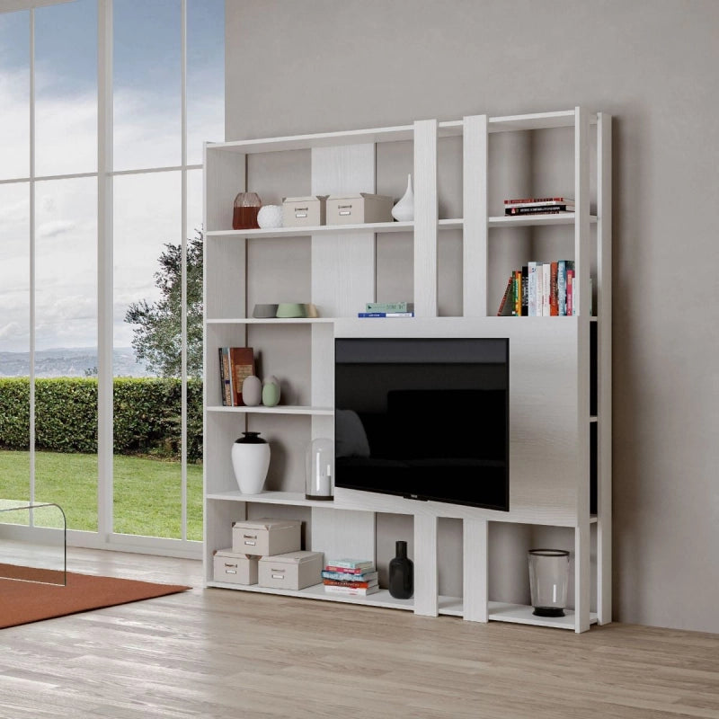 Composizione Libreria Kato 6R 2 fianchi 2 fasce lunghe 2 fasce corte 2 fasce medie pannello TV - Bianco Frassino,M