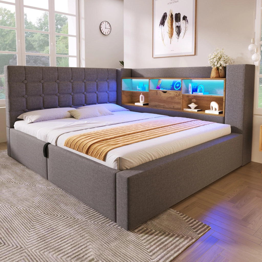Letto matrimoniale 140x200 cm con contenitore; LED e prese di ricarica; in lino grigio; con materasso