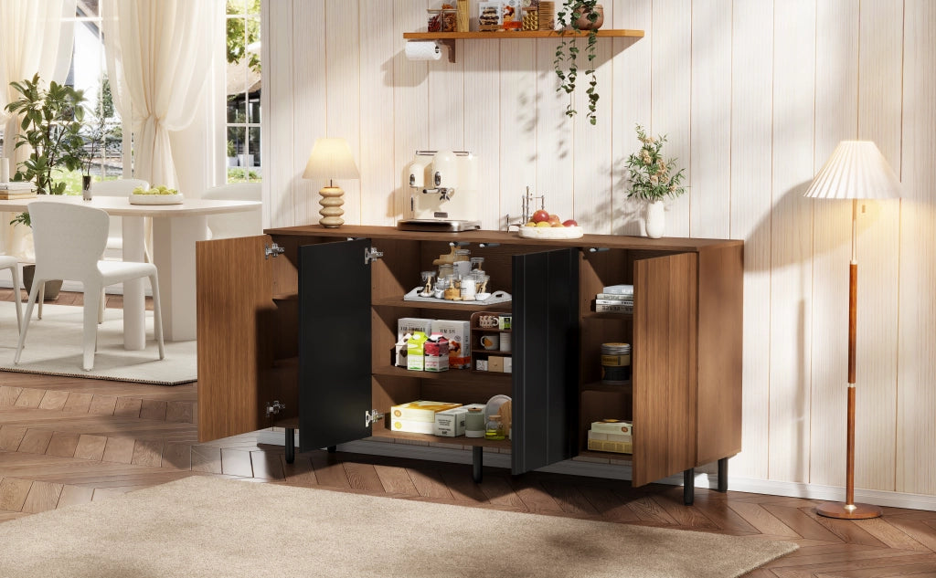 Credenza e madia con 4 ante e ripiani regolabili, per sala da pranzo e cucina, in pannello truciolare, noce e nero