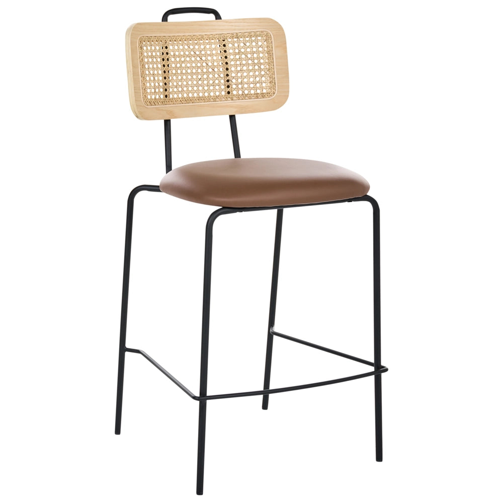 Set di 2 sedie da bar con seduta in ecopelle marrone schienale in rattan gambe in ferro senza braccioli cappucci protettivi design boho moderno