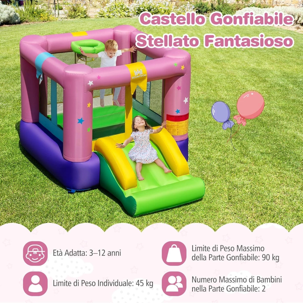 Castello Gonfiabile per Bambini, Castello con Trampolino, Scivolo e Canestro da Basket, Casa Gonfiabile Senza Ventilatore per Feste di Compleanno e Matrimonio, 240 x 174 x 143 cm