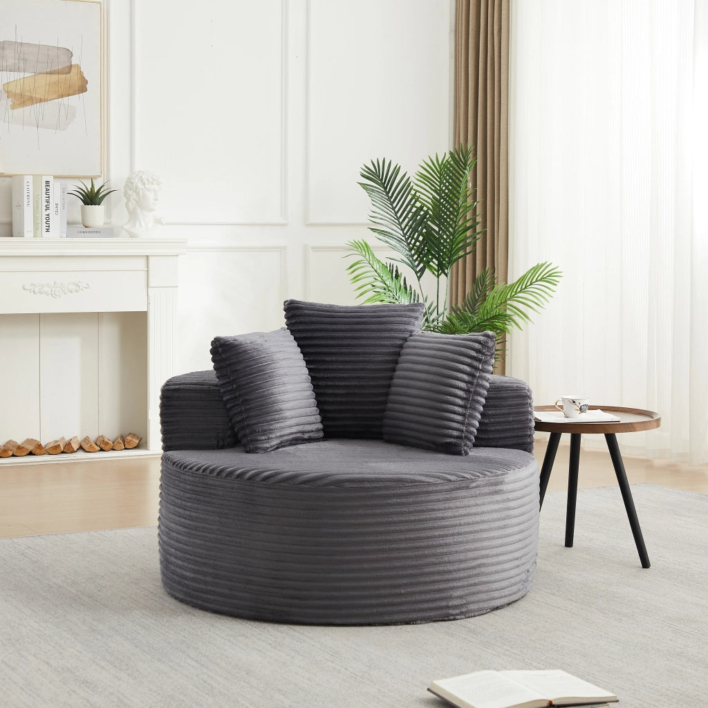 Poltrona lounge rotonda con braccioli larghi e 3 cuscini design minimalista in velluto a coste grigio 116 × 34 × 31 cm