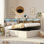 Letto a baldacchino 90x200 cm con contenitore idraulico, testiera con LED, USB-C e tessuto effetto velluto beige