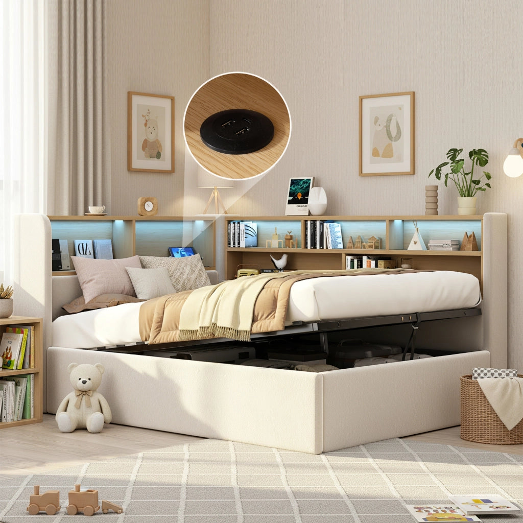 Letto a baldacchino 90x200 cm con contenitore idraulico, testiera con LED, USB-C e tessuto effetto velluto beige