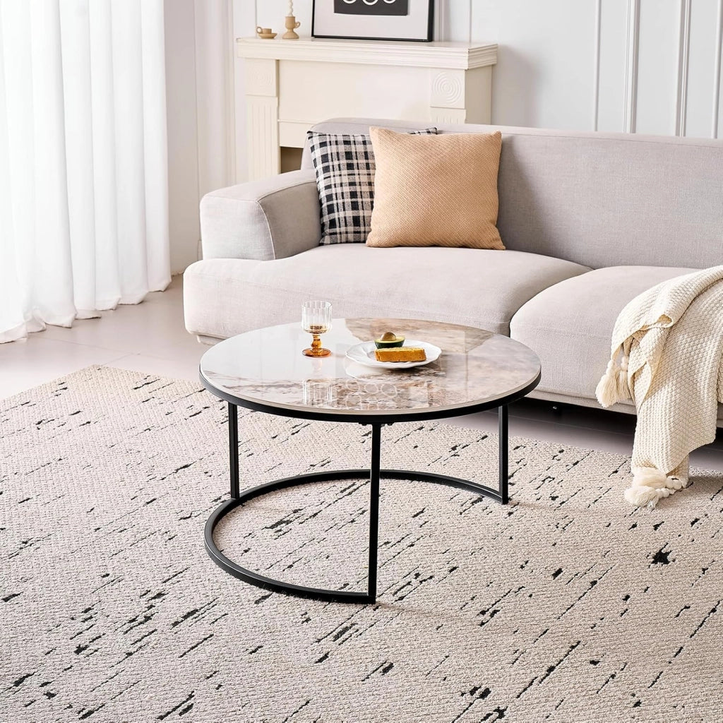 GrandCA HOME Set di 2 Tavolini Rotondi da Caffè, Tavolini Impilabili Moderni per il Soggiorno, Struttura in Metallo Nero, 50 cm e 70 cm, Realizzati in Marmo Pandora e Pietra Sinterizzata