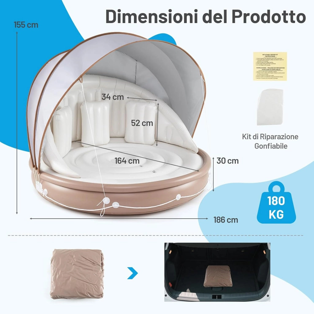 Isola Gonfiabile da Piscina, Lounge Gallegiante con Ombra Retrattile e Rimovibile, Dotato di 3 Cuscini, Materasso Gonfiabile Pieghevole e Portatile per 2 Persone, Portata 180 kg
