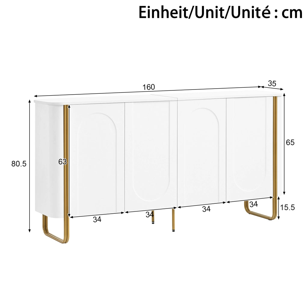 Sideboard in MDF Weiß mit Bogenrelief, 4 Türen, Eisenfüße, 160x35x80,5 cm