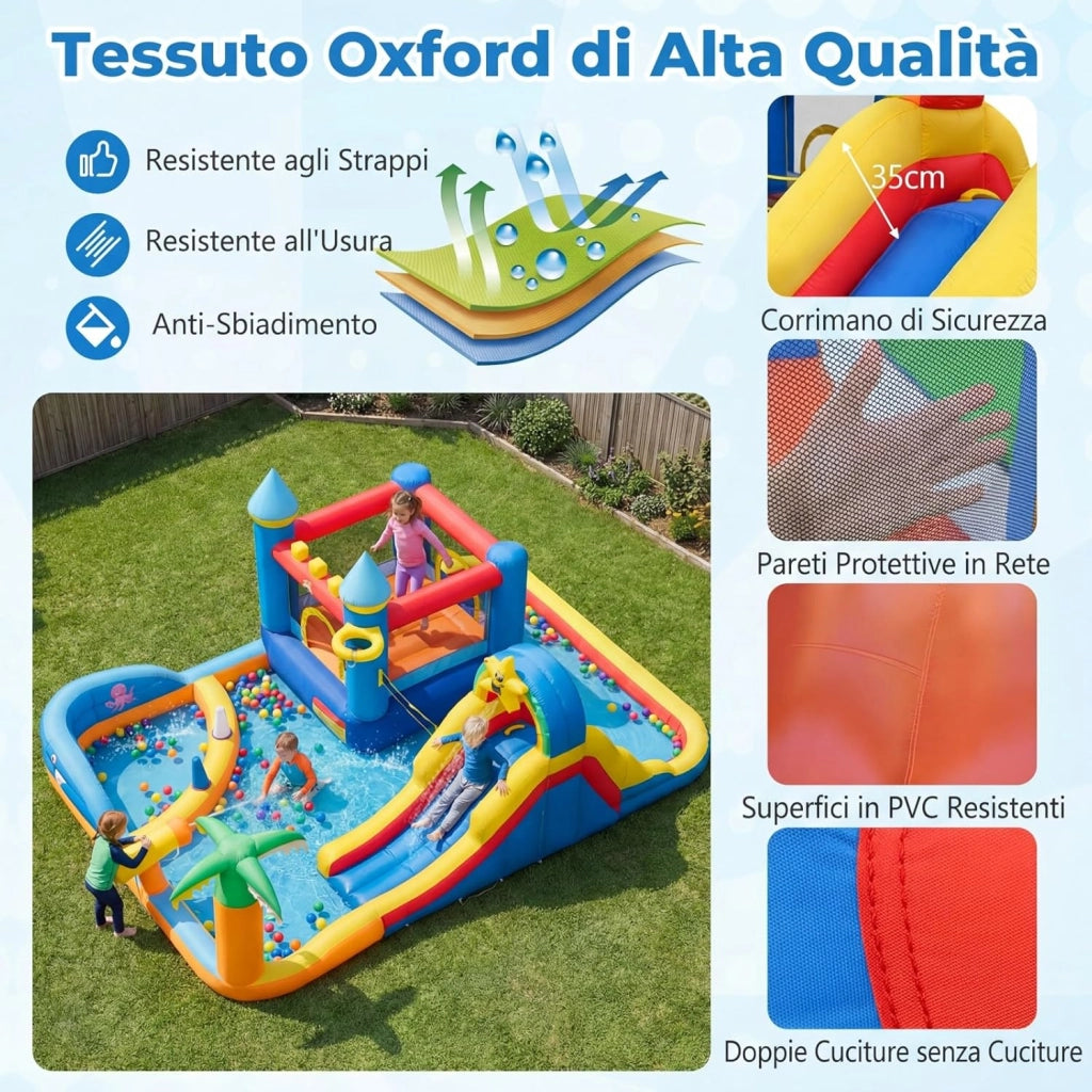 Castello Gonfiabile per Bambini, Grande Parco Acquatico per Bambini con Piscina, Scivolo, Parete d'Arrampicata, Palline Oceaniche e Gioco degli Anelli, per Bambini 3-12 Anni