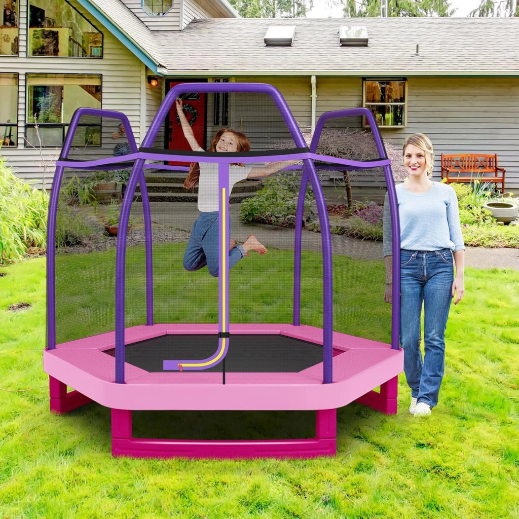 Trampolino Elastico per Bambini 223 cm, Tappeto Elastico per Bambini da Esterno ed Interno con Rete e Cuscinetto a Molle, Portata150 kg, Adatto ai Bambini 3+ Anni