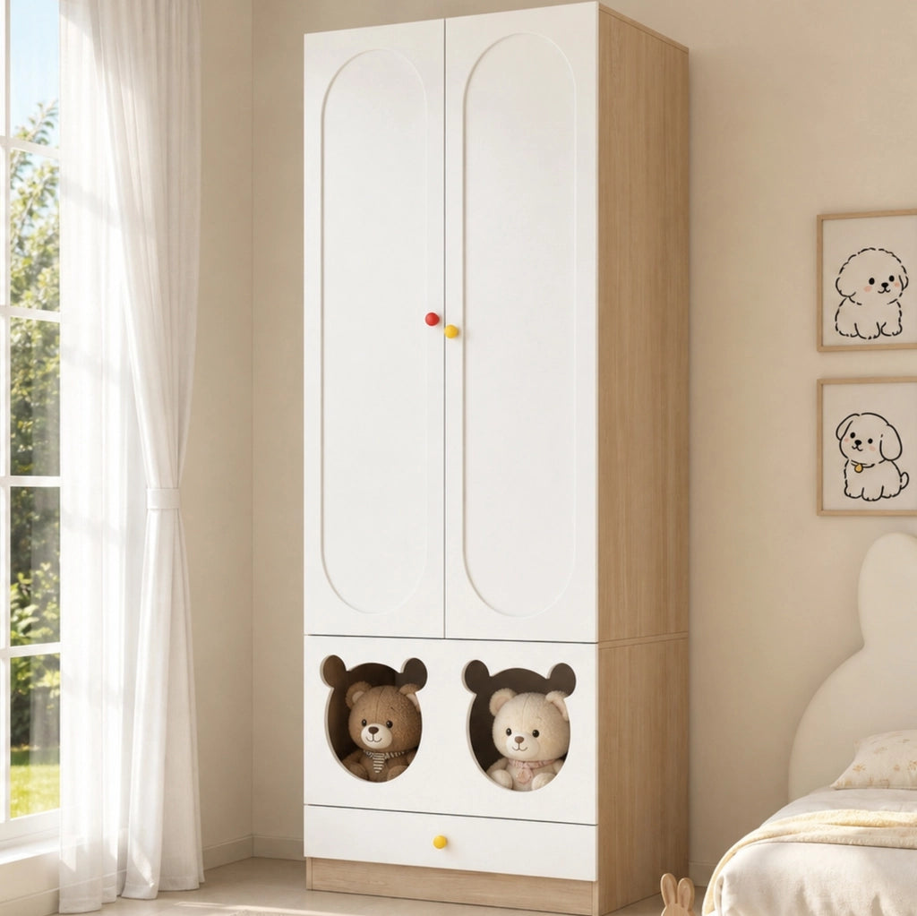 Armadio per cameretta con ante e cassetti, bianco e legno