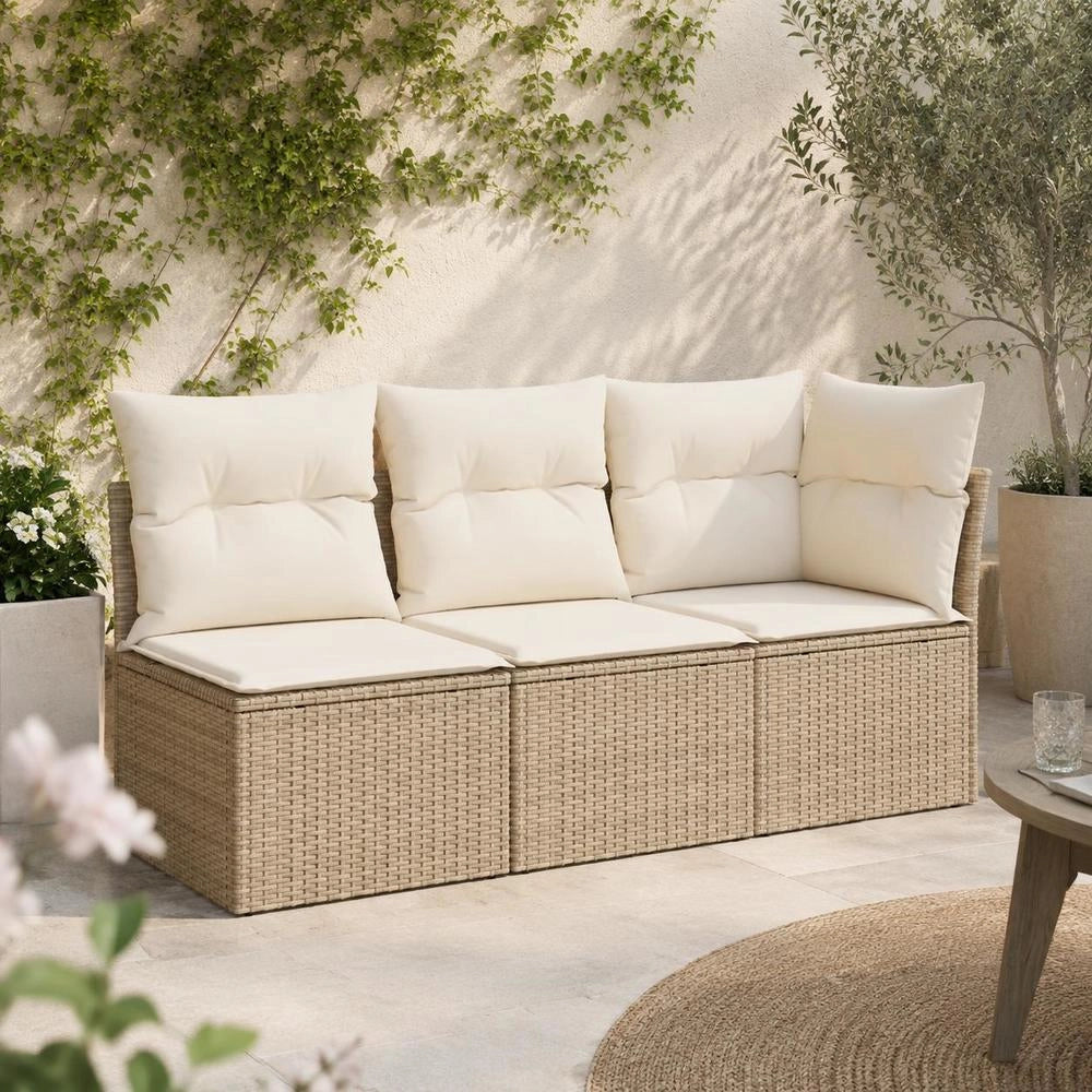 Garden Sofa With Cushions 3-seater Beige Poly Rattan