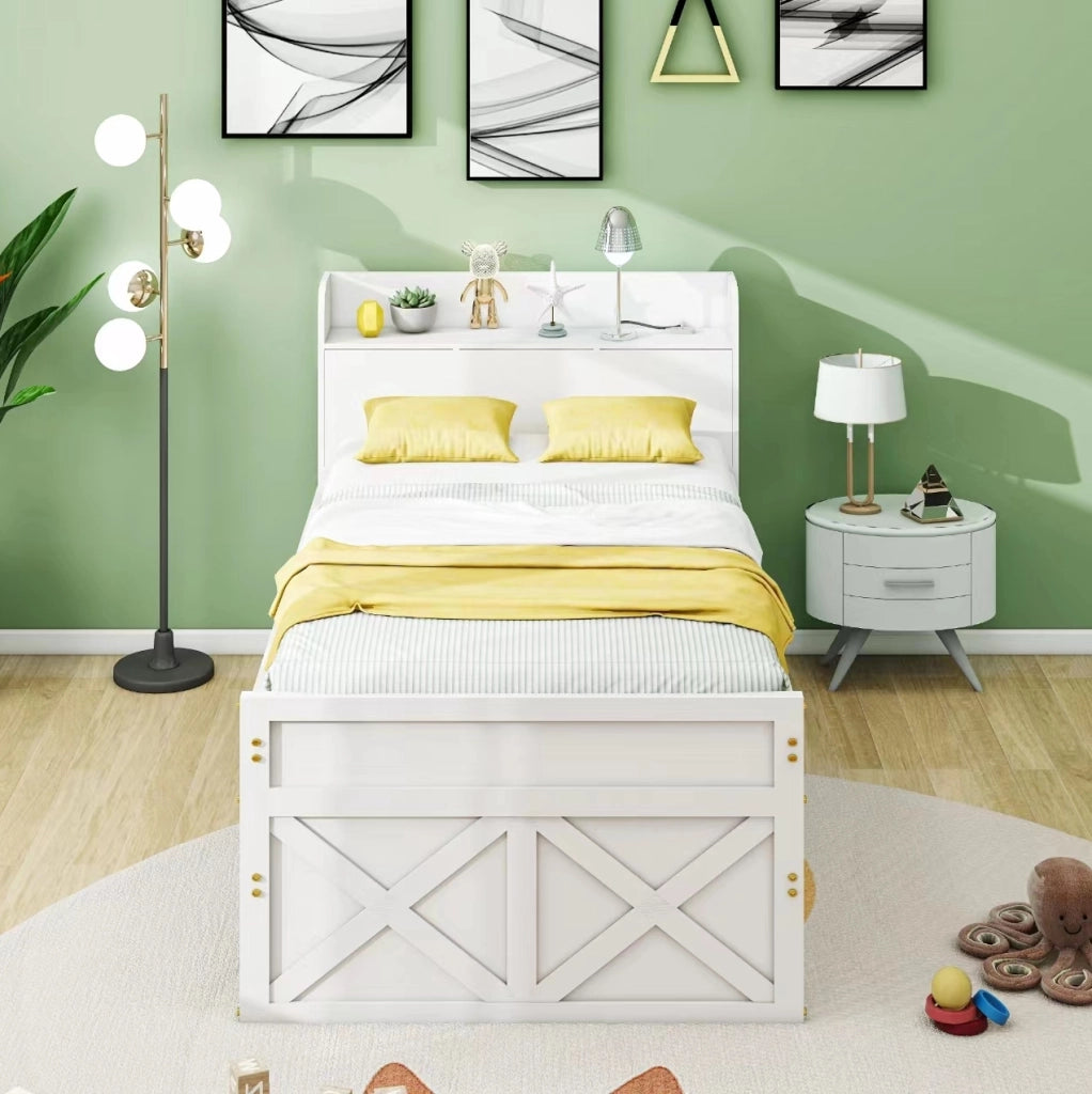 Letto singolo in legno massiccio 90x190 con letto estraibile, 2 cassetti e USB
