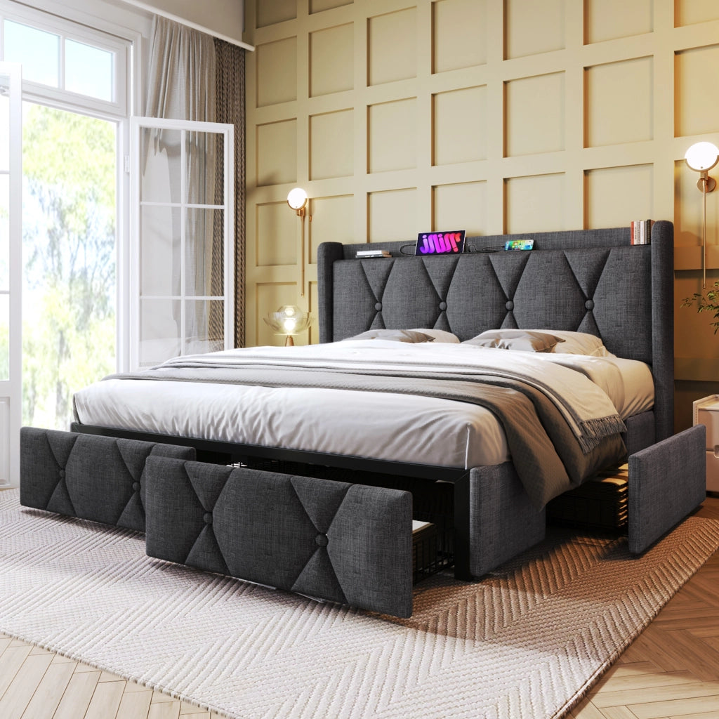 Letto matrimoniale 140x200 cm imbottito con ricarica USB, 4 cassetti, rete in legno e materasso, grigio