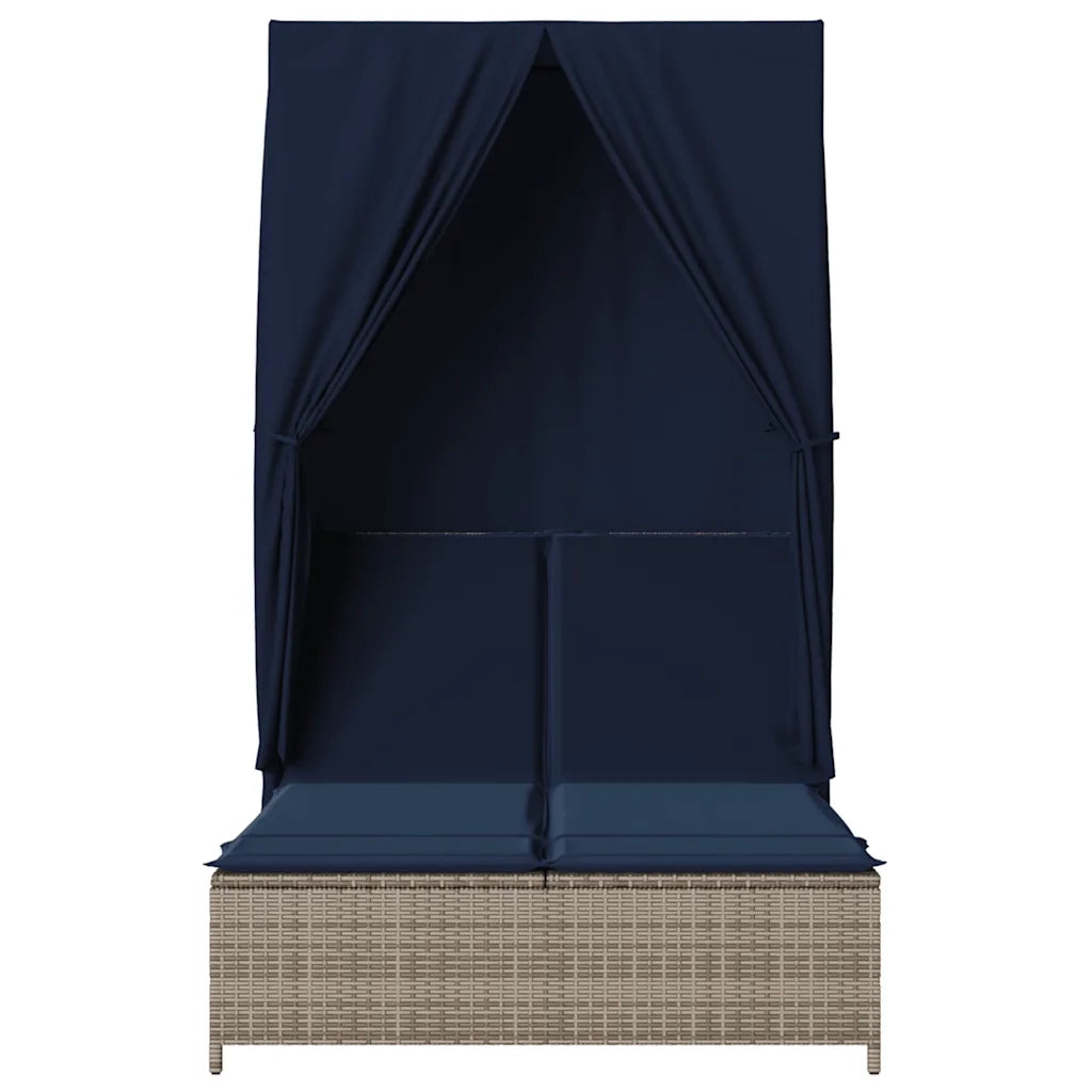 Lettino Prendisole Doppio Tetto e Tende Grigio in Polyrattan 368106