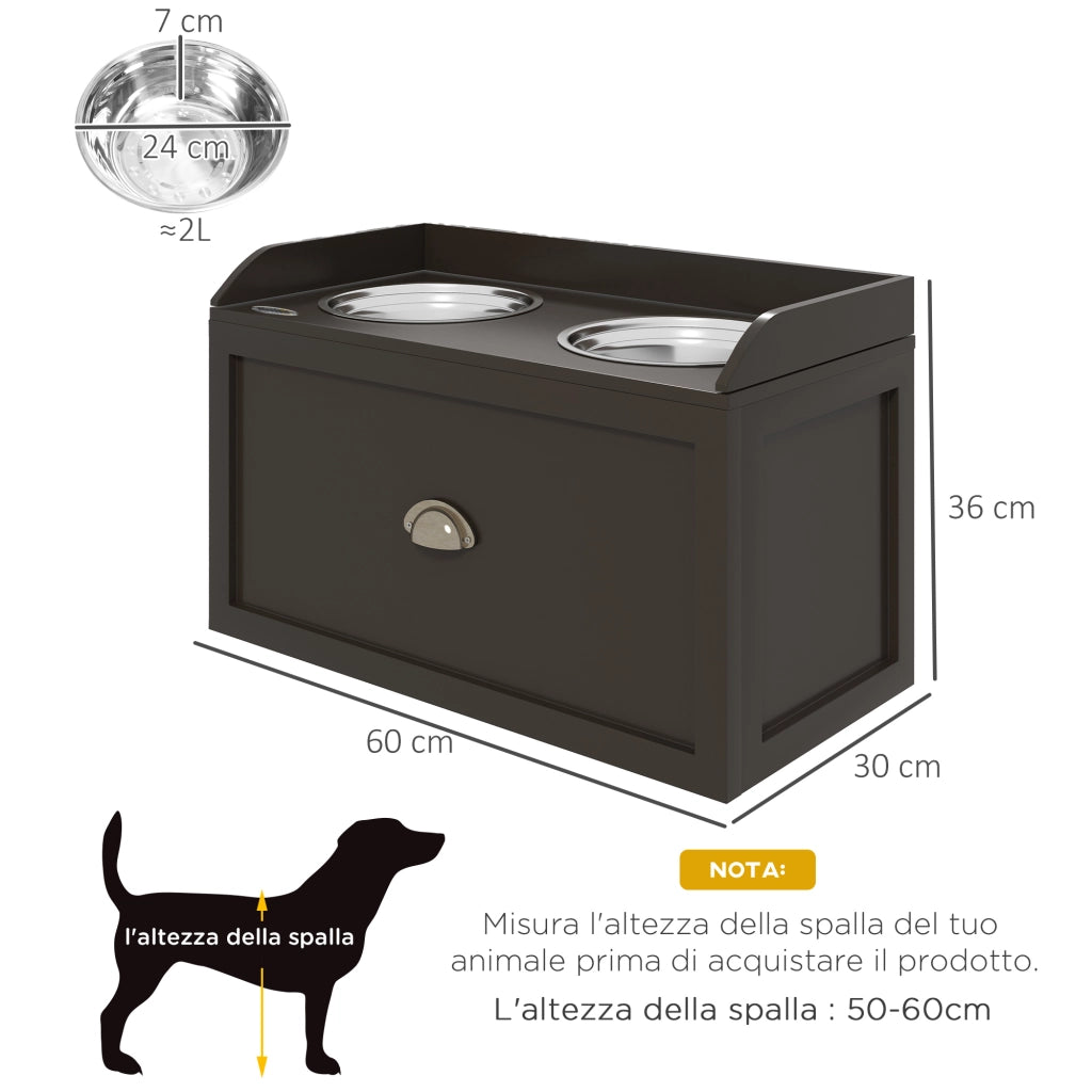 Ciotola per Cani Rialzata con Cassetto ¨C zephmum ¨C Acciaio Inox e Legno, 60x30x36cm, Marrone