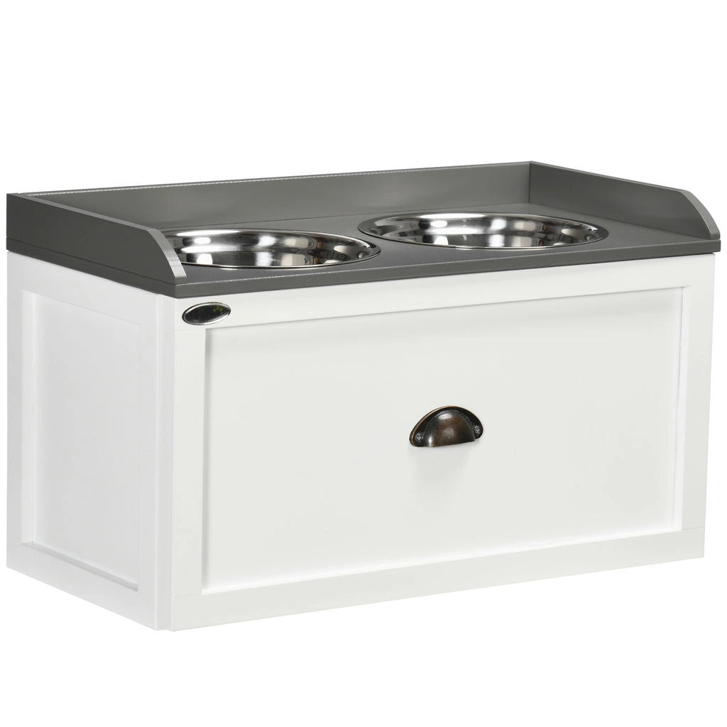 CIOTOLE PER CANI RIALZATE IN ACCIAIO INOX E LEGNO CON CASSETTO, 60X30X36CM, BIANCO E GRIGIO