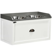 CIOTOLE PER CANI RIALZATE IN ACCIAIO INOX E LEGNO CON CASSETTO, 60X30X36CM, BIANCO E GRIGIO
