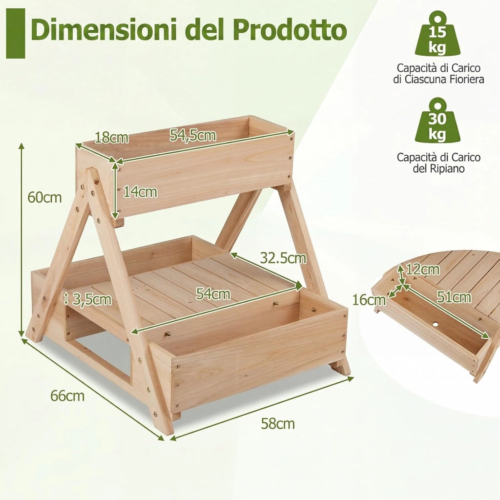 Fioriera Rialzata in Legno, Orto Rialzato da Giardino con 3 Vasi, Ripiano Aperto e Fori di Drenaggio, Fioriere Verticali da Esterno a Forma di A per Cortile e Balcone, 66 x 58 x 60 cm