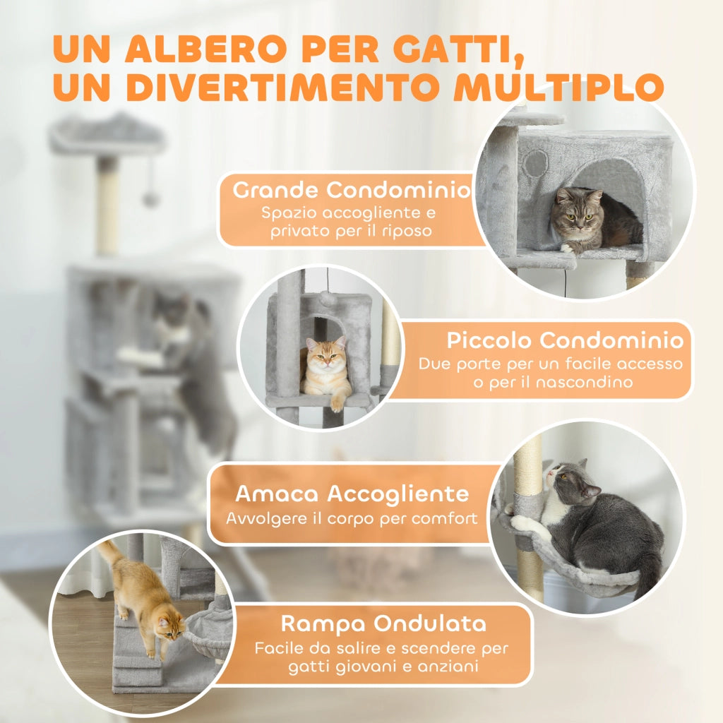 Albero Tiragraffi per Gatti Alto 140 cm con 2 Casette Amaca Lettino e Pali in Sisal Grigio