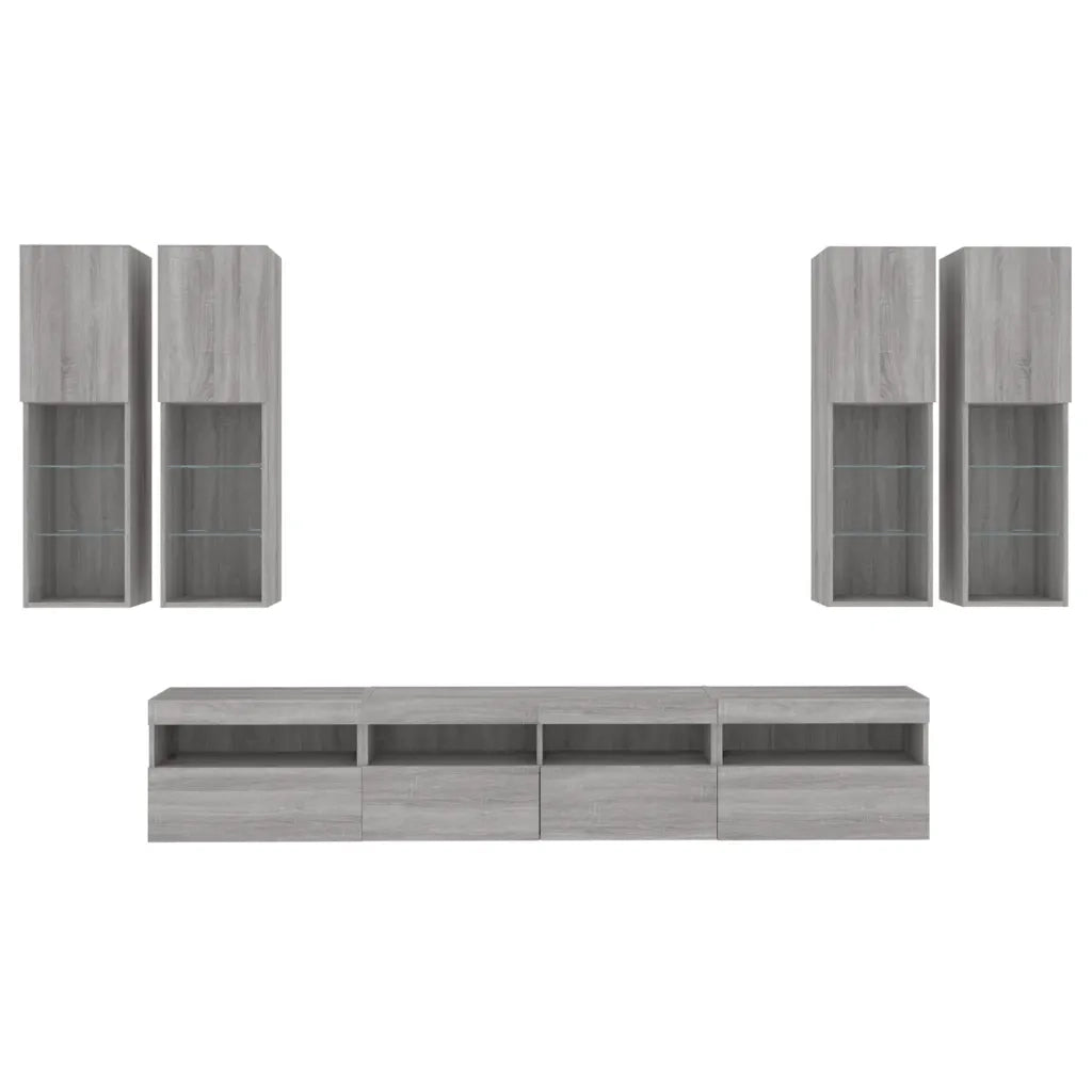 vidaXL Set Mobili TV a Muro 7 pz con Luci LED Grigio Sonoma