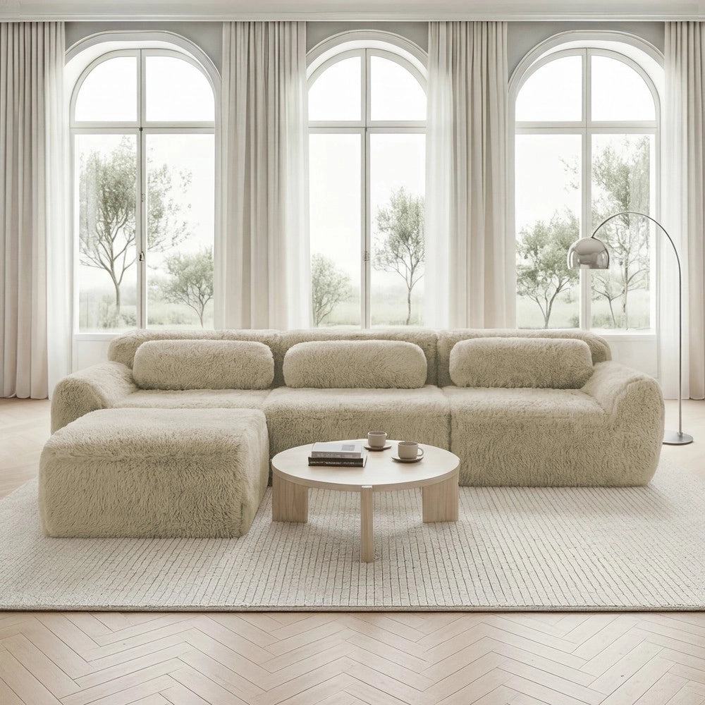 Divano Angolare Modulare ¨C Xylo ¨C Tessuto Morbido, Cuscini, Beige Chiaro