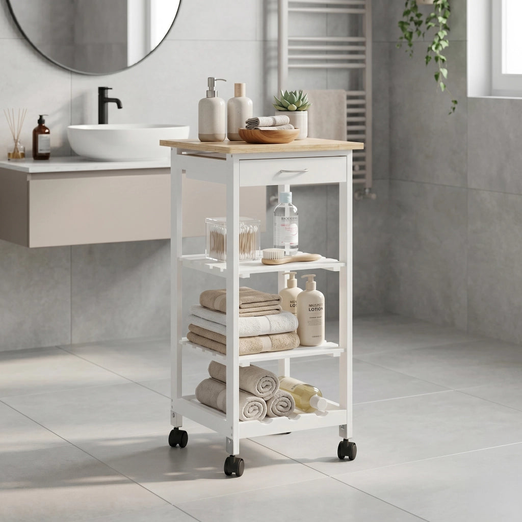 Carrello Portaoggetti Biel con Cassetto 3 Ripiani e Griglia Portabottiglie 76x37x37 cm - Bianco / Effetto Legno [en.casa]