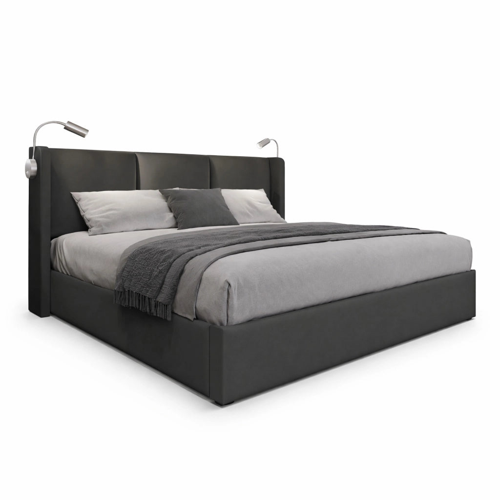 Letto matrimoniale 160x200 cm con contenitore, testiera con luce da lettura e ricarica USB, senza materasso