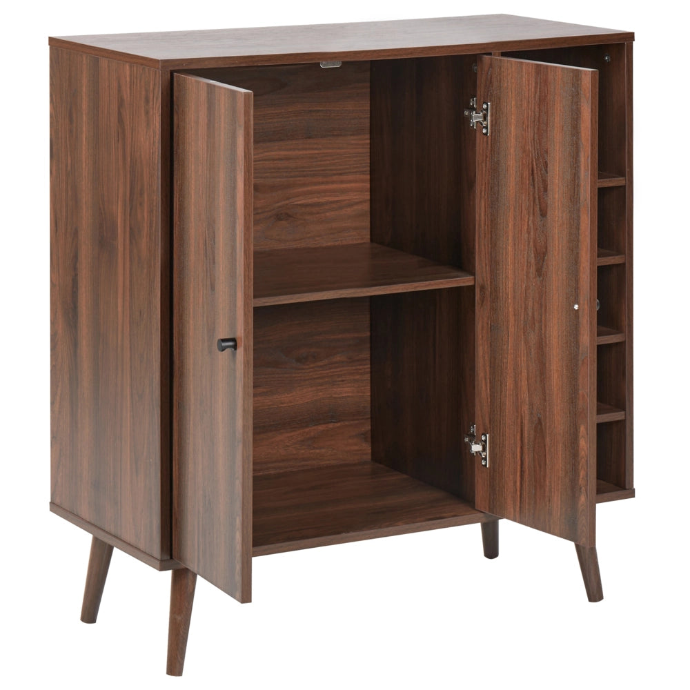 Credenza a 2 ante con portabottiglie in legno scuro stile boho elegante