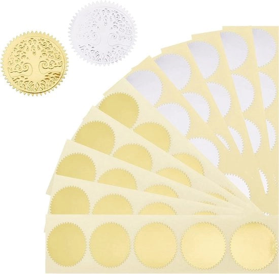 Etichette di certificazione Blanco - 300 pezzi - bordo a cartella - diametro 45 mm - finitura argentata e oro - etichette di premiazione, etichette di rilievo - certificazione e diploma