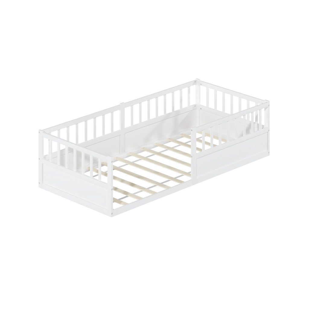 Letto per bambini, 90 x 200 cm, struttura in legno massello, sponde di sicurezza, bianco