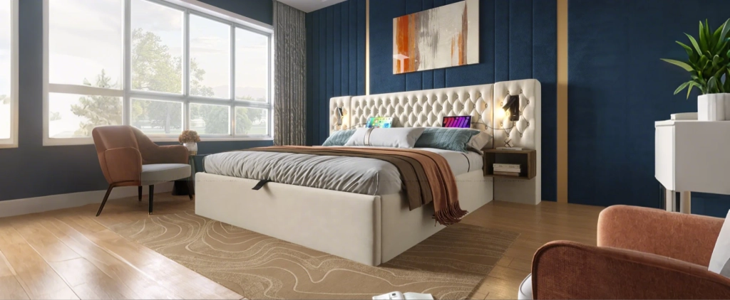 DESMIU Letto contenitore 2 posti con 2 comodini, USB, Type-C e luci da lettura 180 × 200 cm, senza materasso