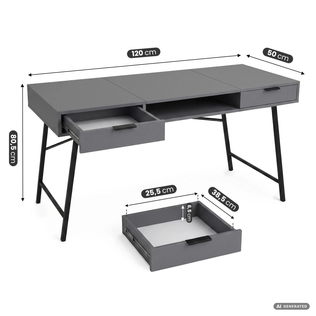 Scrivania industriale per computer Grafite ARDEN 120 cm 2 cassetti 1 ripiano gambe nere