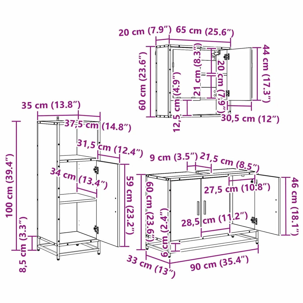 Set di mobili per il bagno 3 pcs Rovere Nero Legno multistrato 3402365