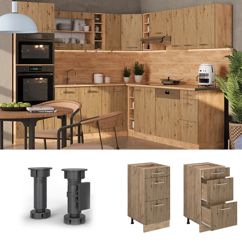 Mobiletto base per cucina R-Line Rovere artigianale/Rovere dorato 40 cm con cassetti, PL Antracite Vicco