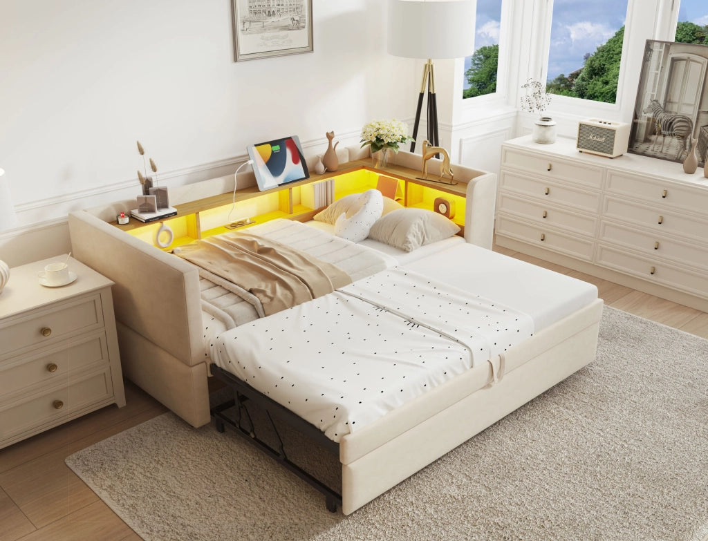 Divano letto imbottito 90/180 x 190 cm beige con LED, prese e vani contenitore