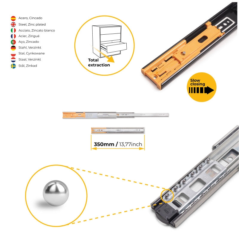 Set di guide a sfere per cassetti con estrazione totale e chiusura soft, altezza 45 mm, lunghezza 400 mm, Acciaio, Zin..