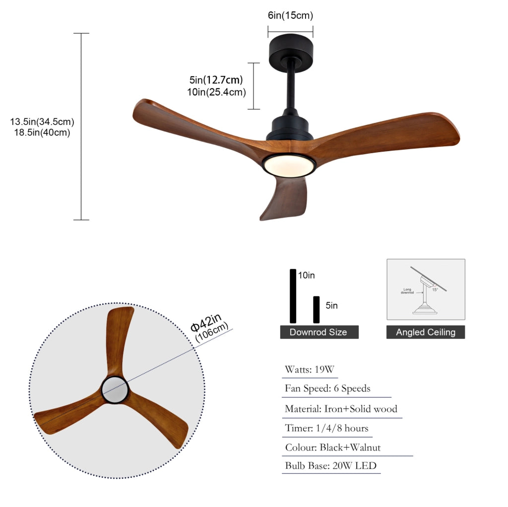 Ventilatore da soffitto con luce LED 42 pollici; 3 pale in legno massello; nero e noce scuro