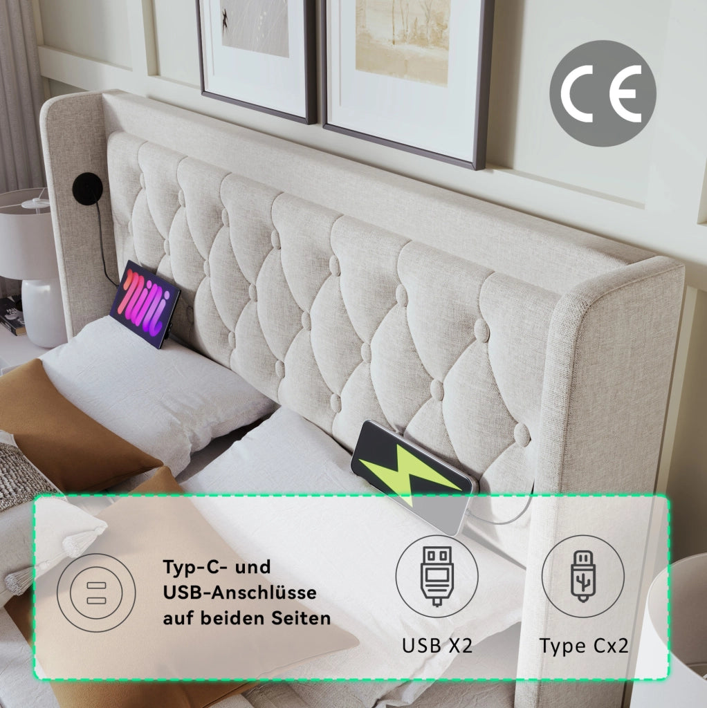 Letto matrimoniale contenitore 140x200 cm beige con LED e USB-C