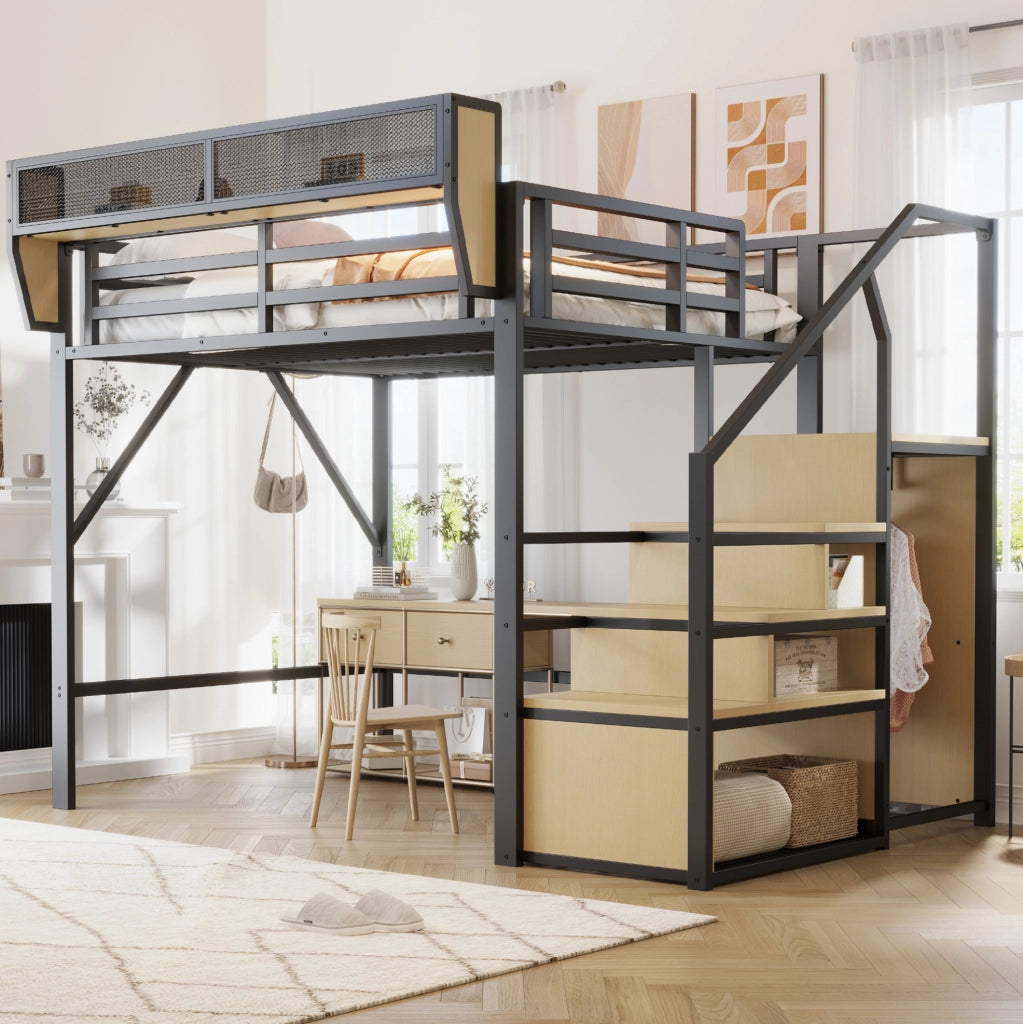 Letto a soppalco 140x200 cm; scala di sicurezza e ripiano flessibile; metallo nero (Senza materasso)
