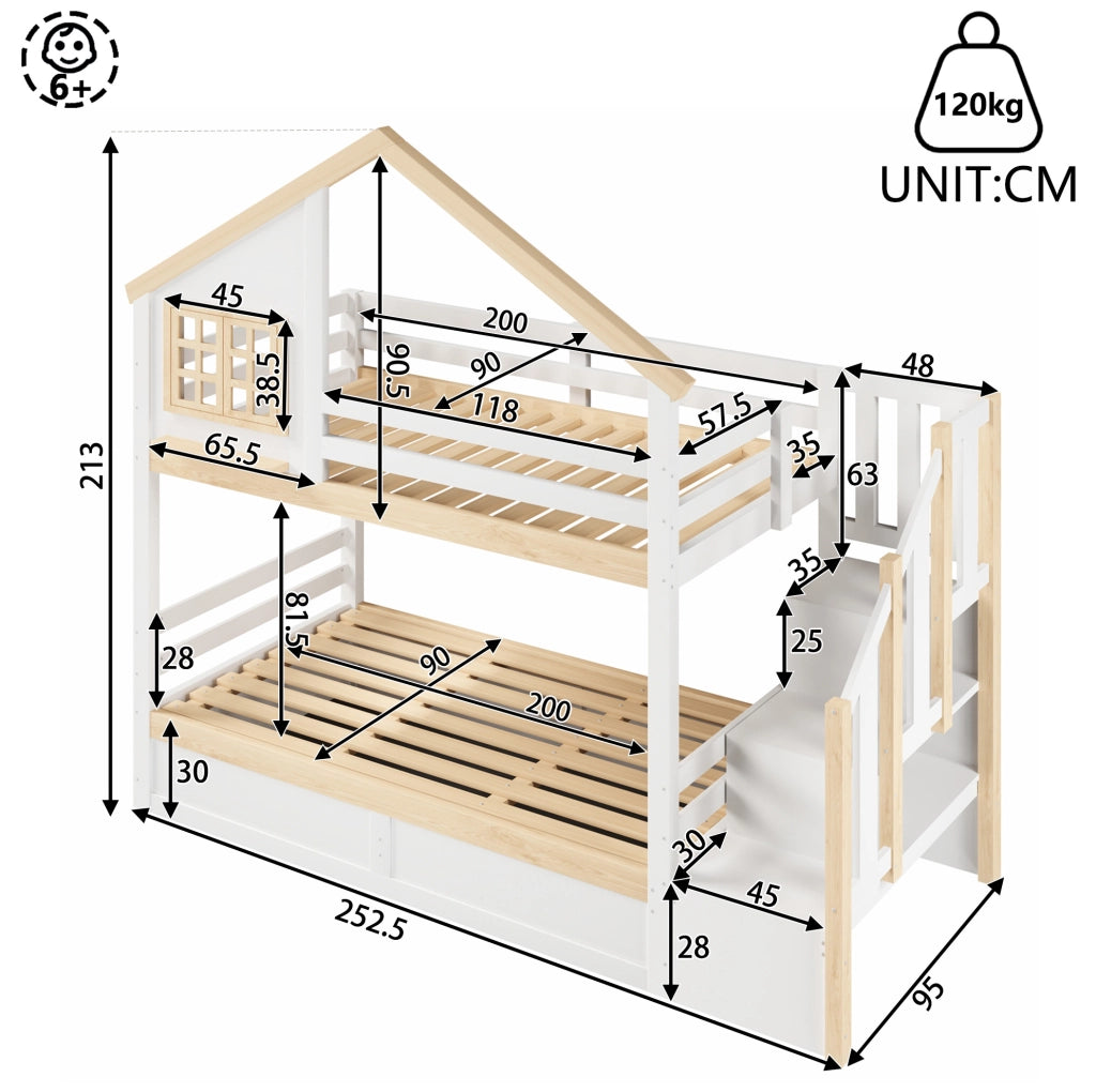Letto a castello 90x200 cm con letto superiore a casetta; protezione e contenitore idraulico; bianco e naturale
